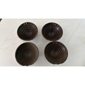 4 Brown Stoneware Noodle Bowls - Built-In Chopstick Rest Holes & Notches Set